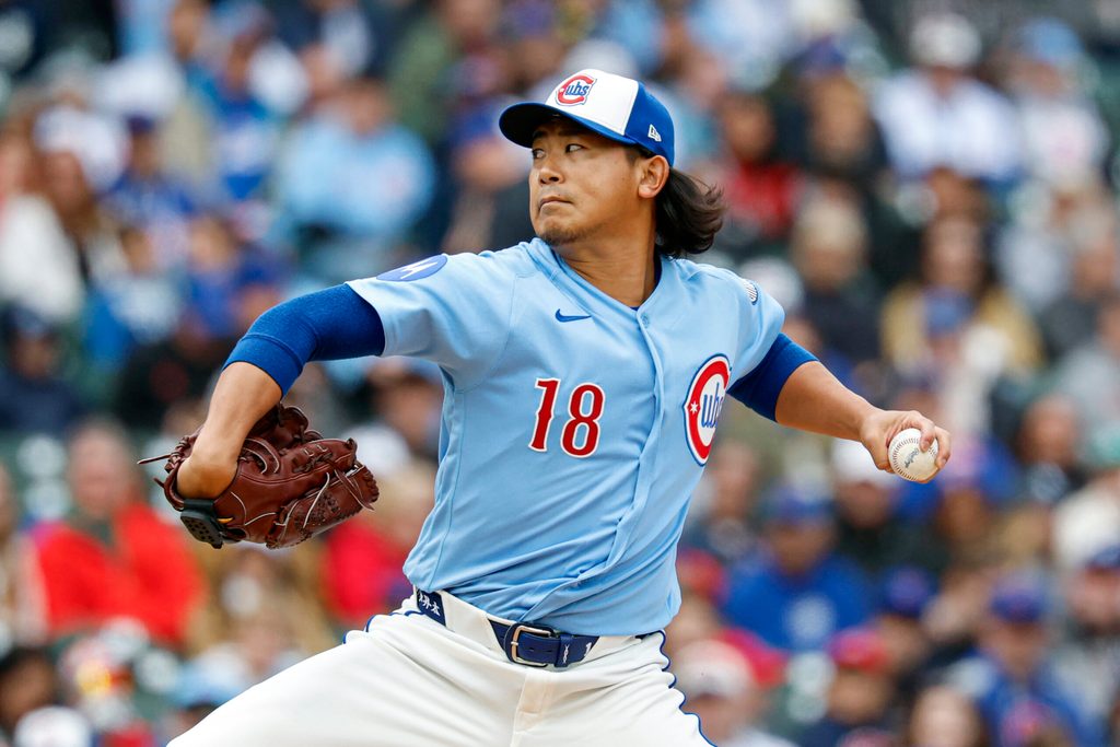 Apr 10, 2026; Chicago, Illinois, USA; Chicago Cubs starting pitcher Shota Imanaga (18) delivers a pitch against the Pittsburgh Pirates during the first inning at Wrigley Field. Mandatory Credit: Kamil Krzaczynski-Imagn Images