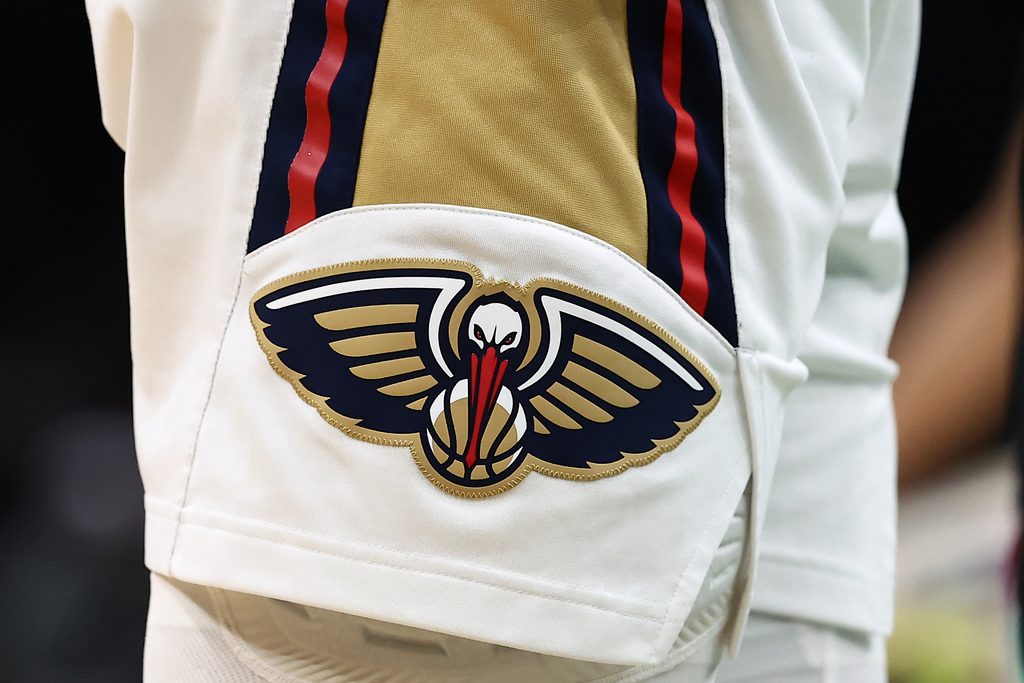 Apr 10, 2026; Boston, Massachusetts, USA; The logo of the New Orleans Pelicans is seen during the second half of the game against the Boston Celtics at TD Garden. Mandatory Credit: Winslow Townson-Imagn Images