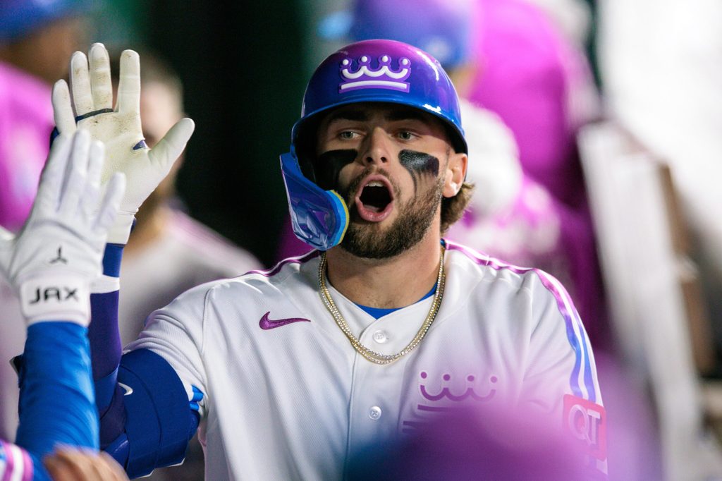 Apr 10, 2026; Kansas City, Missouri, USA; Kansas City Royals catcher Carter Jensen (22) celebrates in the dugout after a home run during the seventh inning against the Chicago White Sox at Kauffman Stadium. Mandatory Credit: William Purnell-Imagn Images