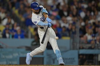 Apr 10, 2026; Los Angeles, California, USA;  Los Angeles Dodgers center fielder Andy Pages (44) hits a single during the second inning against the Texas Rangers at Dodger Stadium. Mandatory Credit: Jayne Kamin-Oncea-Imagn Images