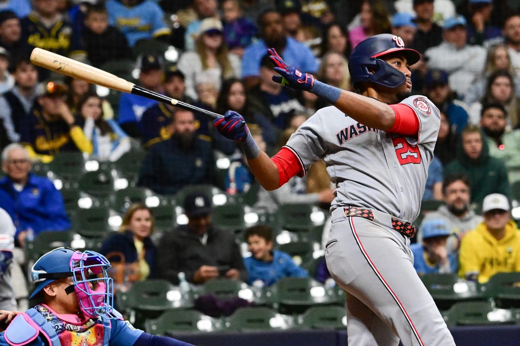 Apr 10, 2026; Milwaukee, Wisconsin, USA; Washington Nationals right fielder James Wood (29) hits a double to drive in a run in the ninth inning against the Milwaukee Brewers at American Family Field. Mandatory Credit: Benny Sieu-Imagn Images