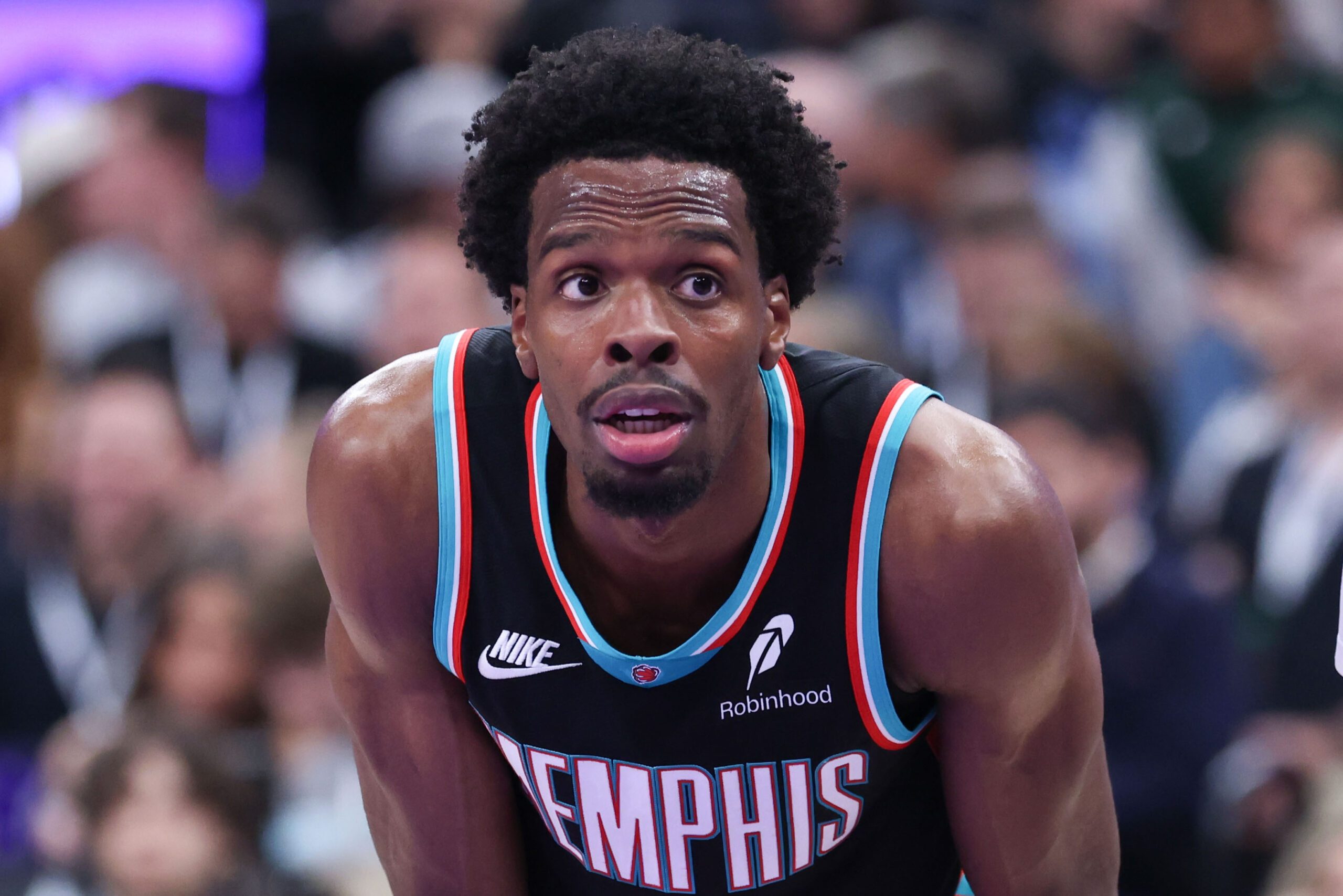 Apr 10, 2026; Salt Lake City, Utah, USA; Memphis Grizzlies forward Toby Okani (5) waits for a free throw by the Utah Jazz during the second half at Delta Center. Mandatory Credit: Rob Gray-Imagn Images