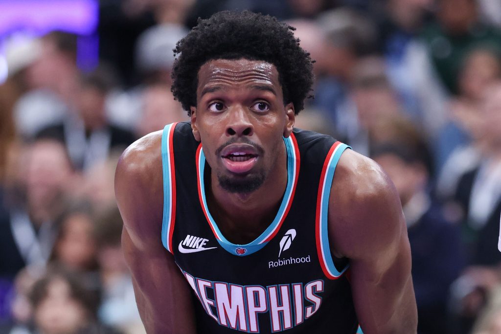 Apr 10, 2026; Salt Lake City, Utah, USA; Memphis Grizzlies forward Toby Okani (5) waits for a free throw by the Utah Jazz during the second half at Delta Center. Mandatory Credit: Rob Gray-Imagn Images