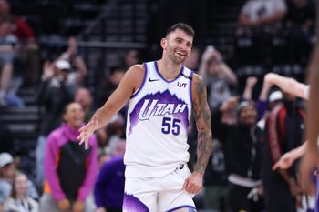 Apr 10, 2026; Salt Lake City, Utah, USA; Utah Jazz guard John Konchar (55) reacts after completing a triple double against the Memphis Grizzlies during the second half at Delta Center. Mandatory Credit: Rob Gray-Imagn Images
