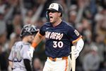 Apr 10, 2026; San Diego, California, USA; San Diego Padres first baseman Gavin Sheets (30) celebrates after hitting a walk off three-run home run during the ninth inning against the Colorado Rockies at Petco Park. Mandatory Credit: Denis Poroy-Imagn Images