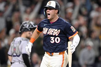Apr 10, 2026; San Diego, California, USA; San Diego Padres first baseman Gavin Sheets (30) celebrates after hitting a walk off three-run home run during the ninth inning against the Colorado Rockies at Petco Park. Mandatory Credit: Denis Poroy-Imagn Images