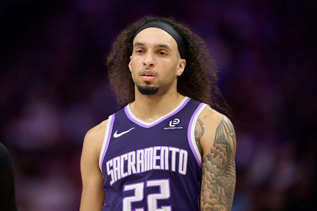 Apr 10, 2026; Sacramento, California, USA; Sacramento Kings guard Devin Carter (22) looks on after making a three point basket against the Golden State Warriors during the fourth quarter at Golden 1 Center. Mandatory Credit: Robert Edwards-Imagn Images