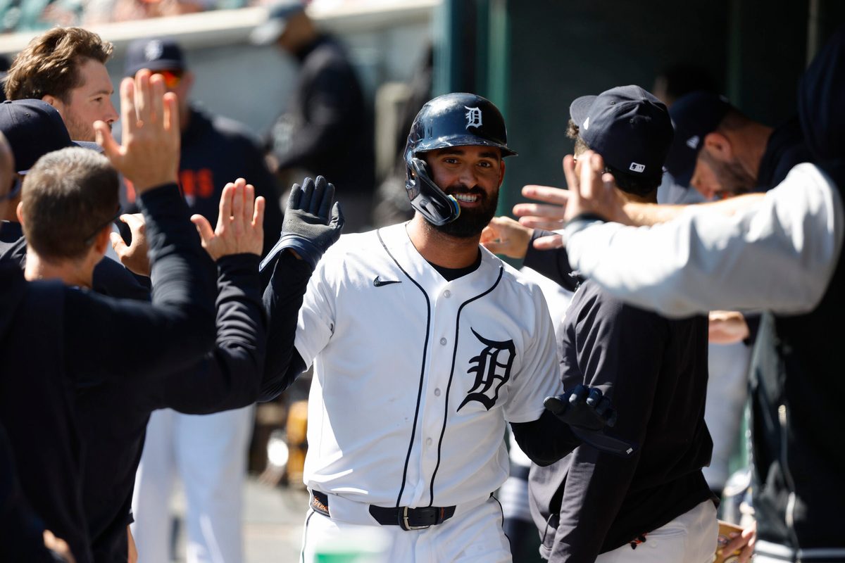 Apr 11, 2026; Detroit, Michigan, USA; Detroit Tigers left fielder Riley Greene (31) celebrates after scoring a run in the eighth inning against the Miami Marlins at Comerica Park. Mandatory Credit: Brian Bradshaw Sevald-Imagn Images