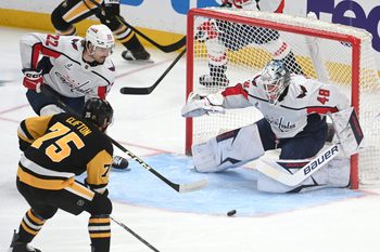 Apr 11, 2026; Pittsburgh, Pennsylvania, USA;  Pittsburgh Penguins defenseman Connor Clifton (75) pressures Washington Capitals goalie Logan Thompson (48) as left wing Brandon Duhaime (22) takes part in the play during the first period at PPG Paints Arena. Mandatory Credit: Philip G. Pavely-Imagn Images
