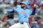 Apr 11, 2026; Atlanta, Georgia, USA; Atlanta Braves starting pitcher Martin Perez (33) throws against the Cleveland Guardians in the second inning at Truist Park. Mandatory Credit: Brett Davis-Imagn Images