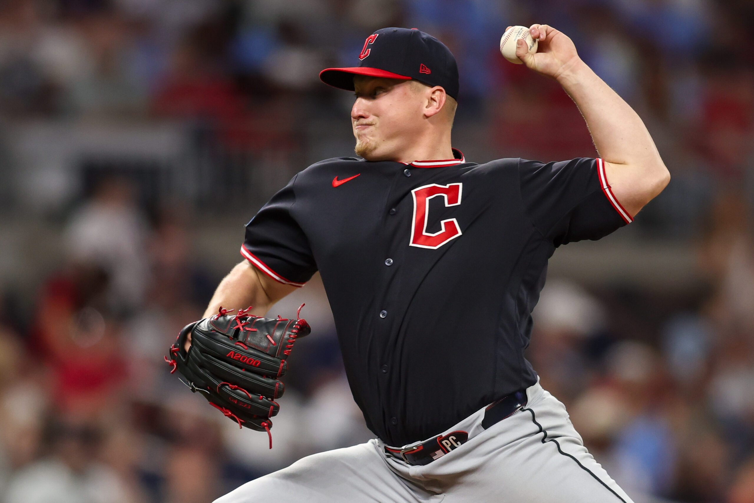 Apr 11, 2026; Atlanta, Georgia, USA; Cleveland Guardians starting pitcher Parker Messick (77) throws against the Atlanta Braves in the seventh inning at Truist Park. Mandatory Credit: Brett Davis-Imagn Images