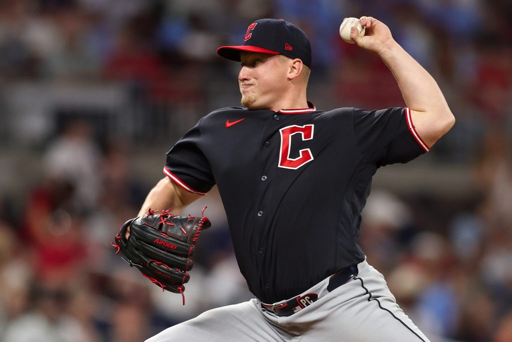 Apr 11, 2026; Atlanta, Georgia, USA; Cleveland Guardians starting pitcher Parker Messick (77) throws against the Atlanta Braves in the seventh inning at Truist Park. Mandatory Credit: Brett Davis-Imagn Images