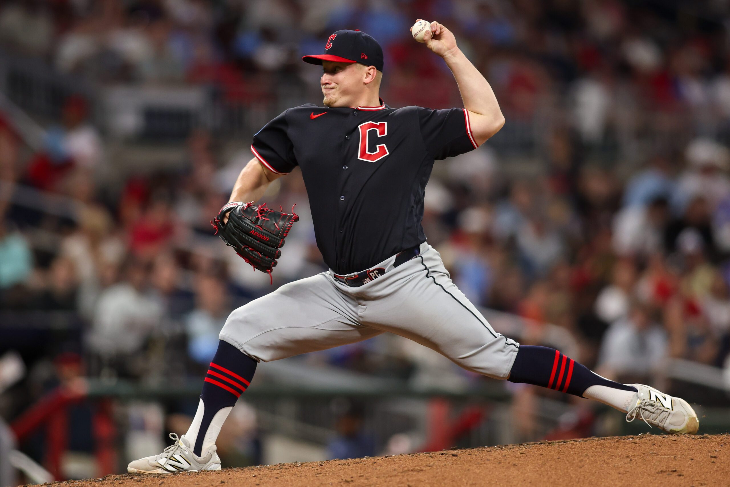 Apr 11, 2026; Atlanta, Georgia, USA; Cleveland Guardians starting pitcher Parker Messick (77) throws against the Atlanta Braves in the seventh inning at Truist Park. Mandatory Credit: Brett Davis-Imagn Images