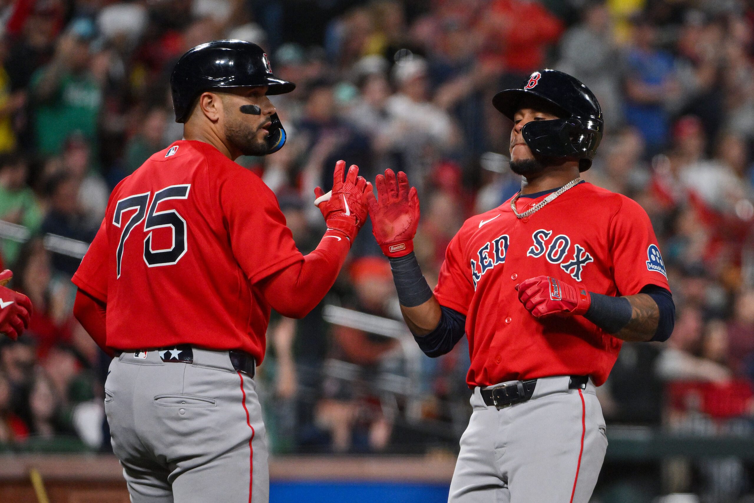 Apr 11, 2026; St. Louis, Missouri, USA; Boston Red Sox center fielder Ceddanne Rafaela (3) celebrates with catcher Carlos Narváez (75) after they both scored against the St. Louis Cardinals during the ninth inning at Busch Stadium. Mandatory Credit: Jeff Curry-Imagn Images