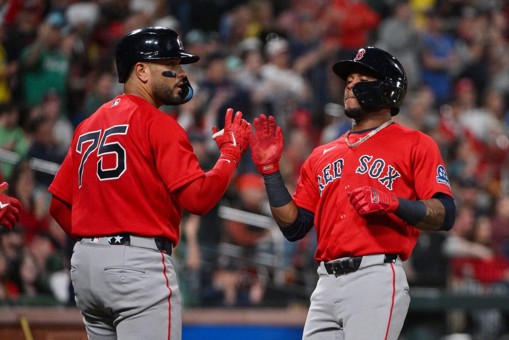 Apr 11, 2026; St. Louis, Missouri, USA; Boston Red Sox center fielder Ceddanne Rafaela (3) celebrates with catcher Carlos Narváez (75) after they both scored against the St. Louis Cardinals during the ninth inning at Busch Stadium. Mandatory Credit: Jeff Curry-Imagn Images