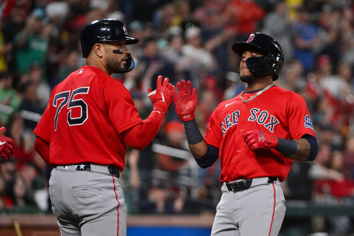 Apr 11, 2026; St. Louis, Missouri, USA; Boston Red Sox center fielder Ceddanne Rafaela (3) celebrates with catcher Carlos Narváez (75) after they both scored against the St. Louis Cardinals during the ninth inning at Busch Stadium. Mandatory Credit: Jeff Curry-Imagn Images