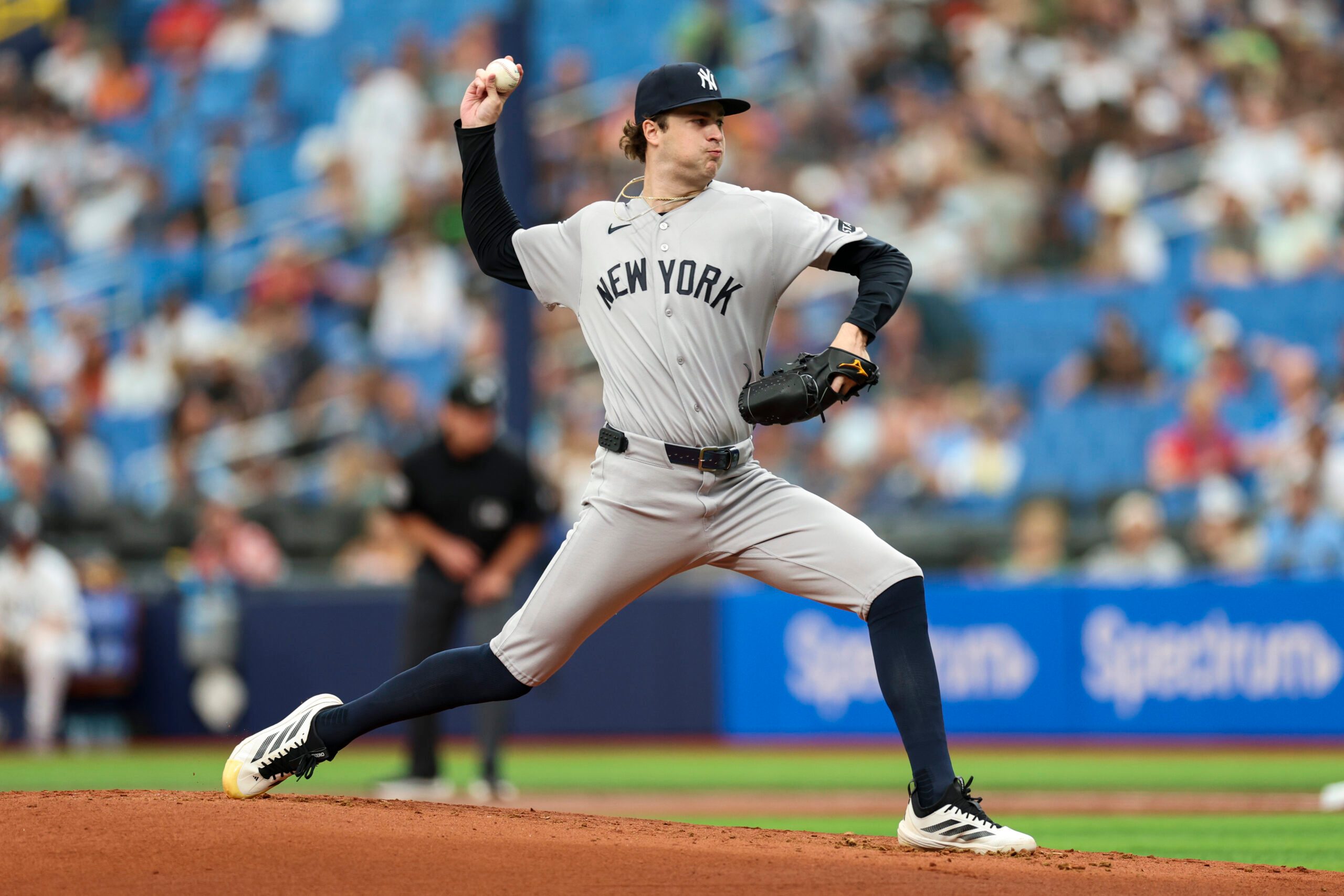 Apr 12, 2026; St. Petersburg, Florida, USA; New York Yankees starting pitcher Cam Schlittler (31) throws a pitch against the Tampa Bay Rays in the first inning at Tropicana Field. Mandatory Credit: Nathan Ray Seebeck-Imagn Images