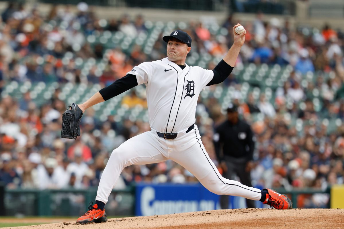 Apr 12, 2026; Detroit, Michigan, USA;  Detroit Tigers pitcher Tarik Skubal (29) pitches in the first inning against the Miami Marlins at Comerica Park. Mandatory Credit: Rick Osentoski-Imagn Images