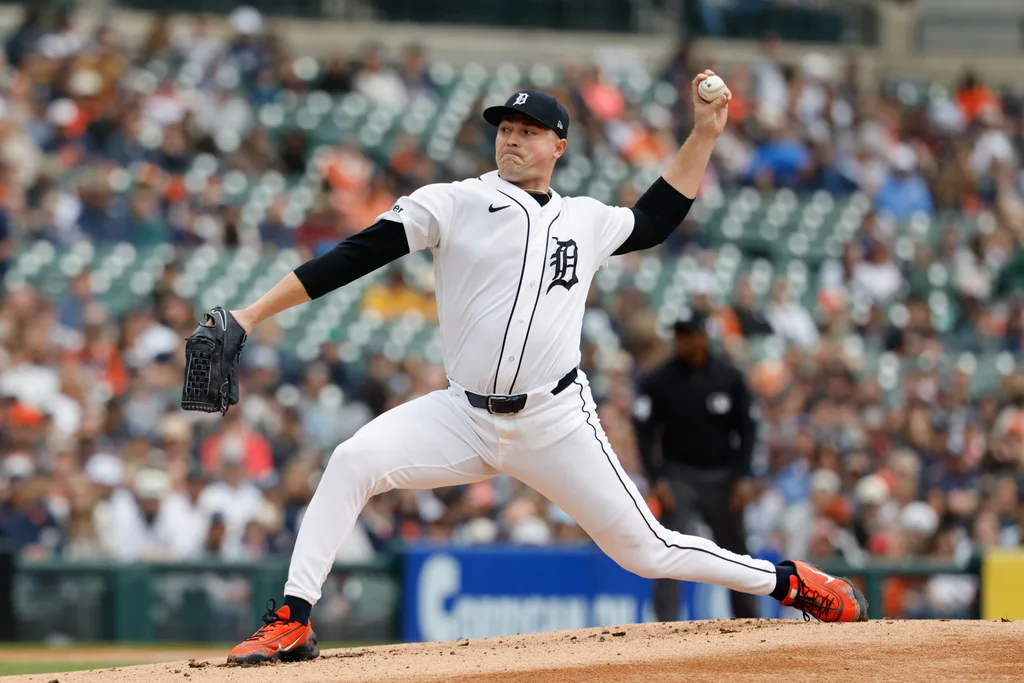 Apr 12, 2026; Detroit, Michigan, USA; Detroit Tigers pitcher Tarik Skubal (29) pitches in the first inning against the Miami Marlins at Comerica Park. Mandatory Credit: Rick Osentoski-Imagn Images