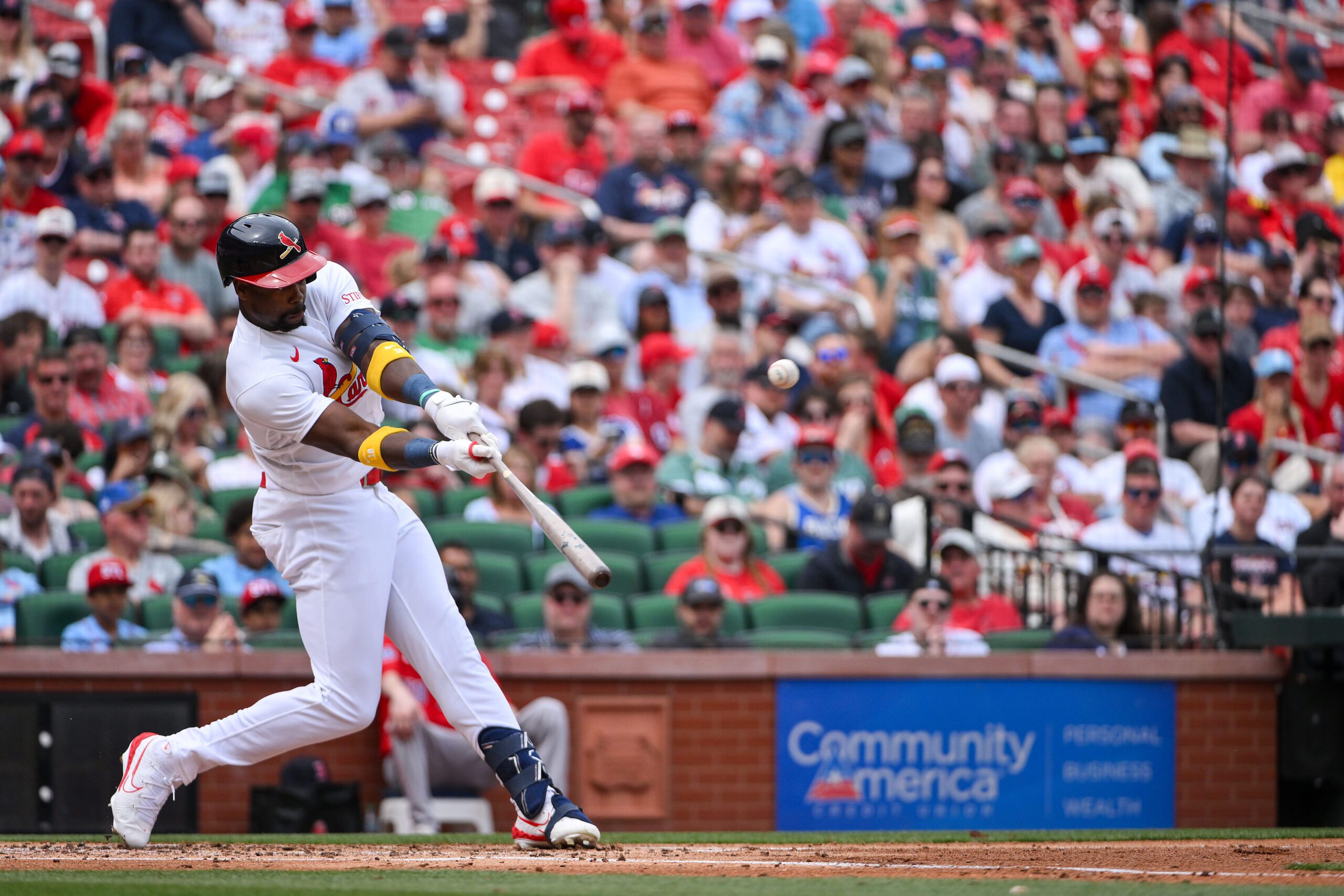 Apr 12, 2026; St. Louis, Missouri, USA; St. Louis Cardinals right fielder Jordan Walker (18) hits a solo home run against the Boston Red Sox during the second inning at Busch Stadium. Mandatory Credit: Jeff Curry-Imagn Images