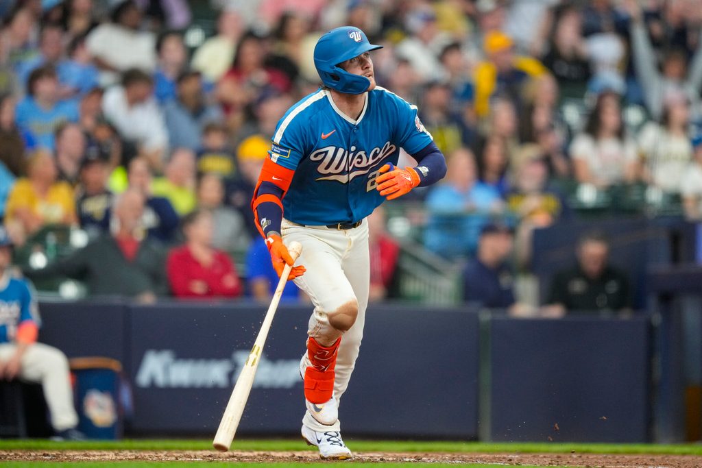 Apr 12, 2026; Milwaukee, Wisconsin, USA; Milwaukee Brewers second baseman Brice Turang (2) watches his home run during the fifth inning against the Washington Nationals at American Family Field. Mandatory Credit: Jeff Hanisch-Imagn Images