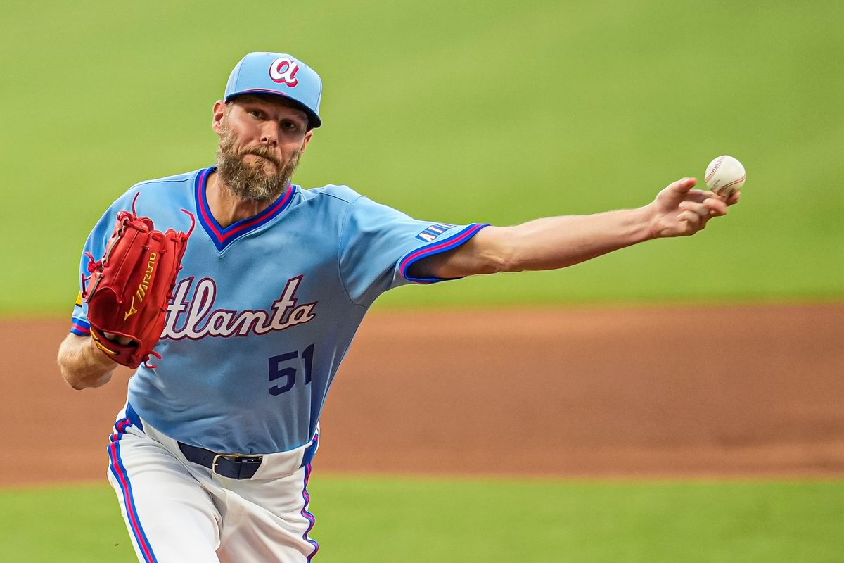 Apr 12, 2026; Cumberland, Georgia, USA; Atlanta Braves pitcher Chris Sale (51) pitches against the Cleveland Guardians during the first inning at Truist Park. Mandatory Credit: Dale Zanine-Imagn Images