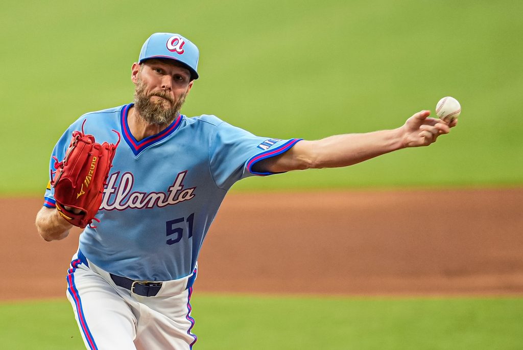Apr 12, 2026; Cumberland, Georgia, USA; Atlanta Braves pitcher Chris Sale (51) pitches against the Cleveland Guardians during the first inning at Truist Park. Mandatory Credit: Dale Zanine-Imagn Images