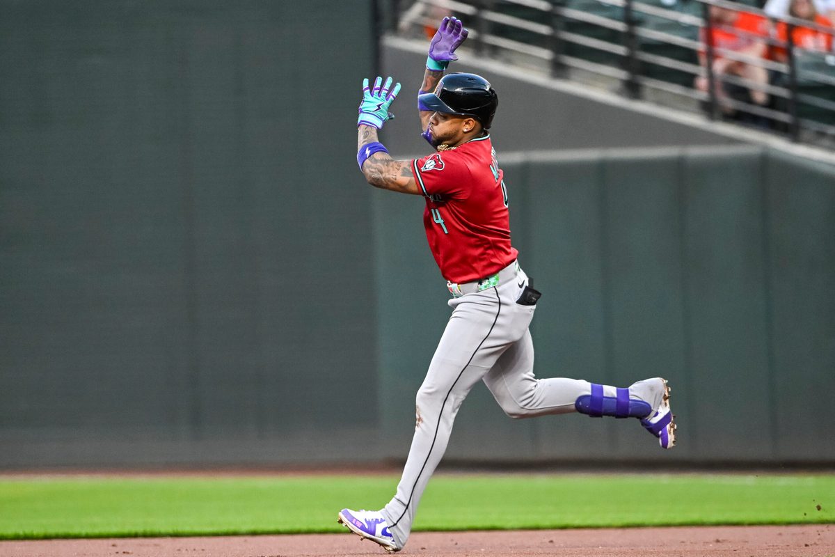 Apr 13, 2026; Baltimore, Maryland, USA;  Arizona Diamondbacks second baseman Ketel Marte (4) reacts after hitting a solo home run in the third inning against the Baltimore Orioles at Oriole Park at Camden Yards. Mandatory Credit: Tommy Gilligan-Imagn Images