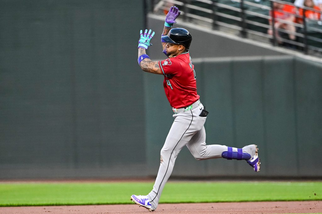 Apr 13, 2026; Baltimore, Maryland, USA; Arizona Diamondbacks second baseman Ketel Marte (4) reacts after hitting a solo home run in the third inning against the Baltimore Orioles at Oriole Park at Camden Yards. Mandatory Credit: Tommy Gilligan-Imagn Images
