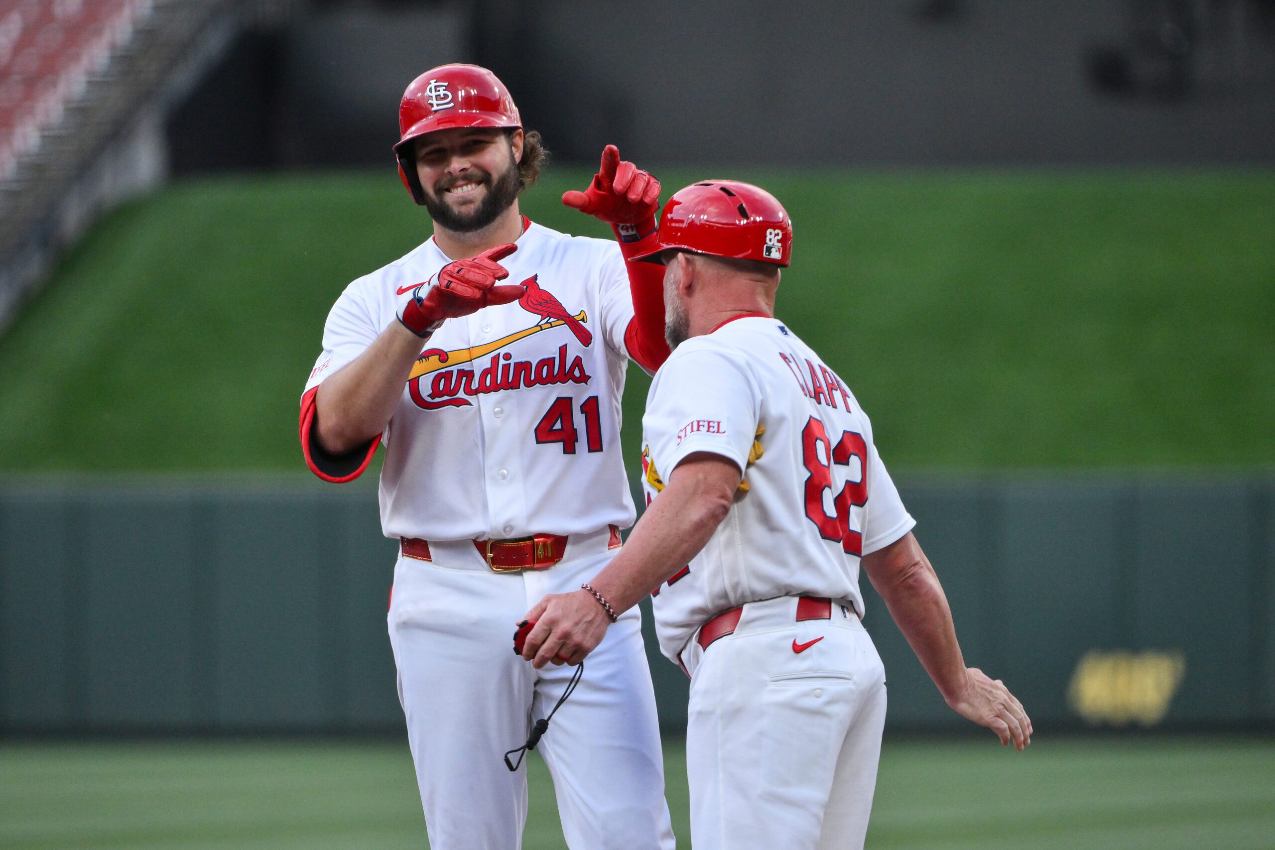 Apr 13, 2026; St. Louis, Missouri, USA; St. Louis Cardinals first baseman Alec Burleson (41) reacts after hitting a one run single against the Cleveland Guardians during the first inning at Busch Stadium. Mandatory Credit: Jeff Curry-Imagn Images