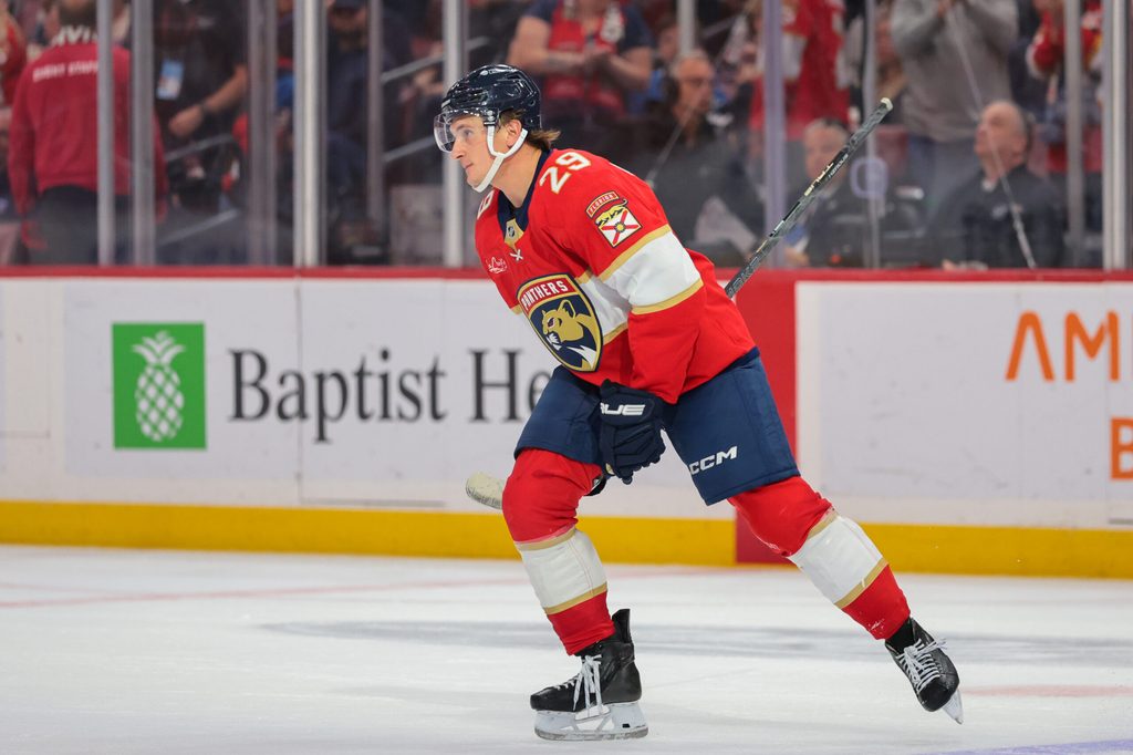 Apr 13, 2026; Sunrise, Florida, USA; Florida Panthers left wing Cole Reinhardt (29) looks on after scoring against the New York Rangers during the third period at Amerant Bank Arena. Mandatory Credit: Sam Navarro-Imagn Images