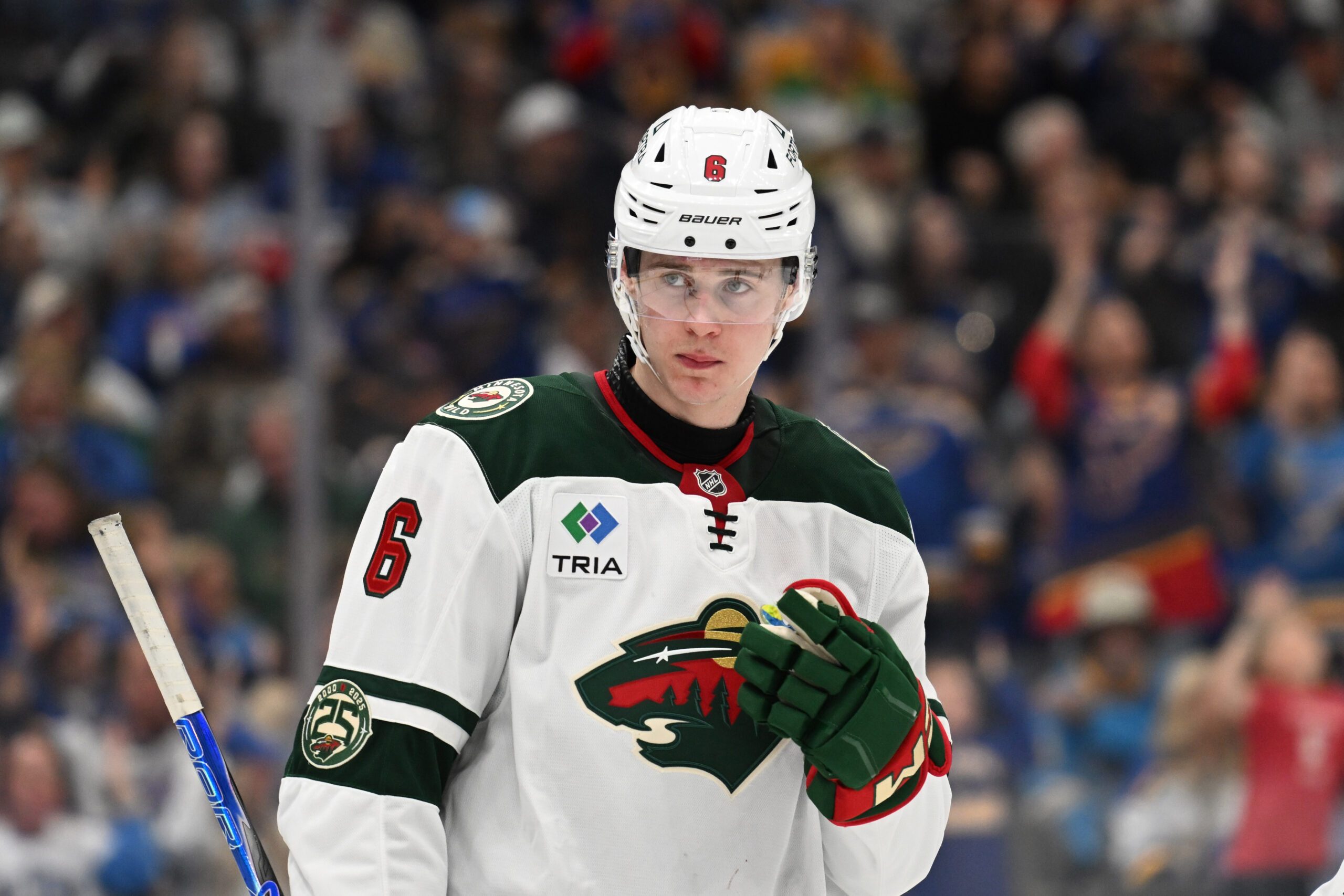 Apr 13, 2026; St. Louis, Missouri, USA; Minnesota Wild defenseman Viking Gustafsson-Nyberg (6) looks on in his NHL debut against the St. Louis Blues in the second period at Enterprise Center. Mandatory Credit: Joe Puetz-Imagn Images