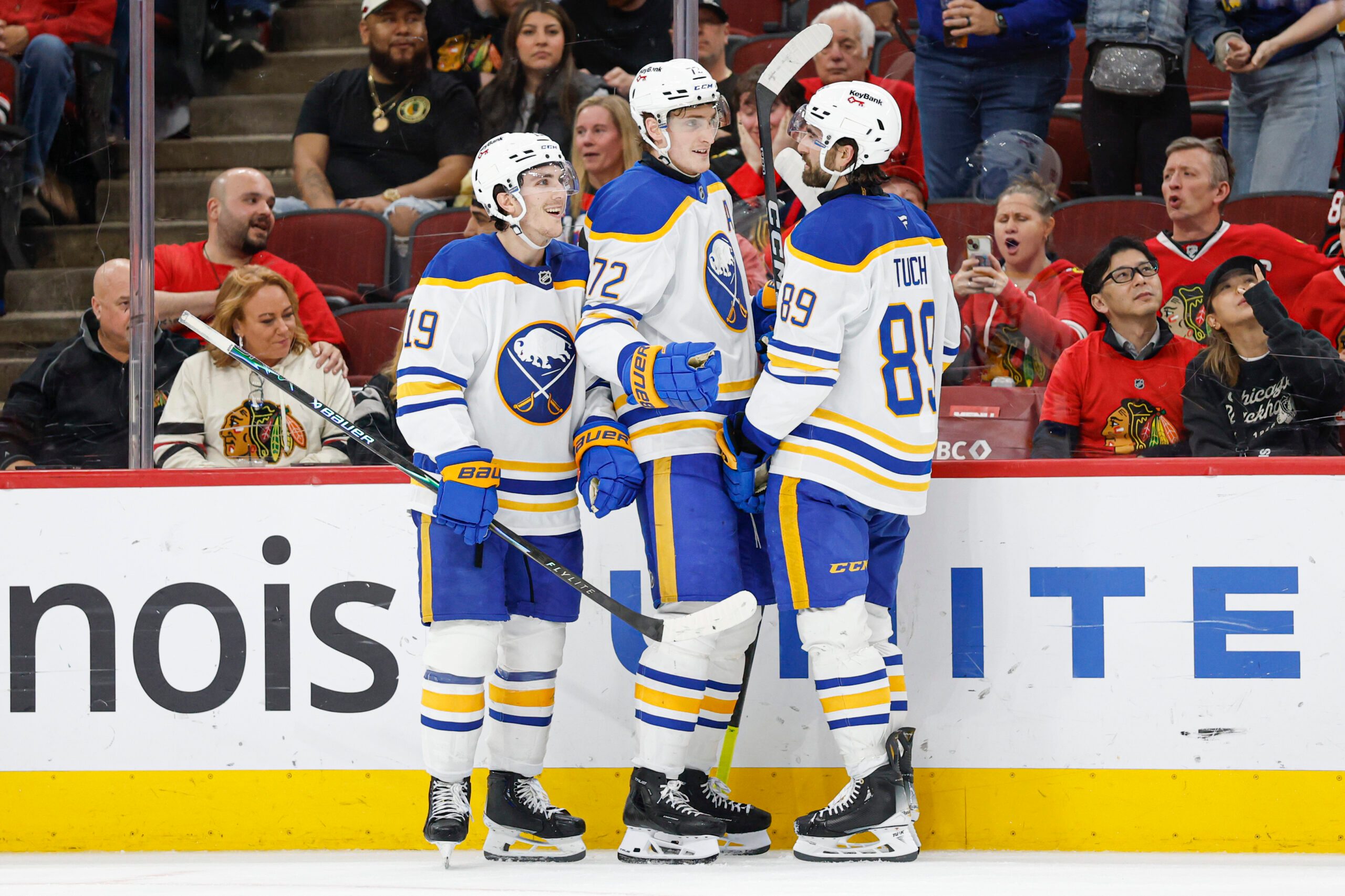 Apr 13, 2026; Chicago, Illinois, USA; Buffalo Sabres center Tage Thompson (72) celebrates with teammates after scoring against the Chicago Blackhawks during the second period at United Center. Mandatory Credit: Kamil Krzaczynski-Imagn Images