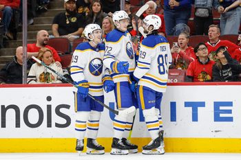 Apr 13, 2026; Chicago, Illinois, USA; Buffalo Sabres center Tage Thompson (72) celebrates with teammates after scoring against the Chicago Blackhawks during the second period at United Center. Mandatory Credit: Kamil Krzaczynski-Imagn Images