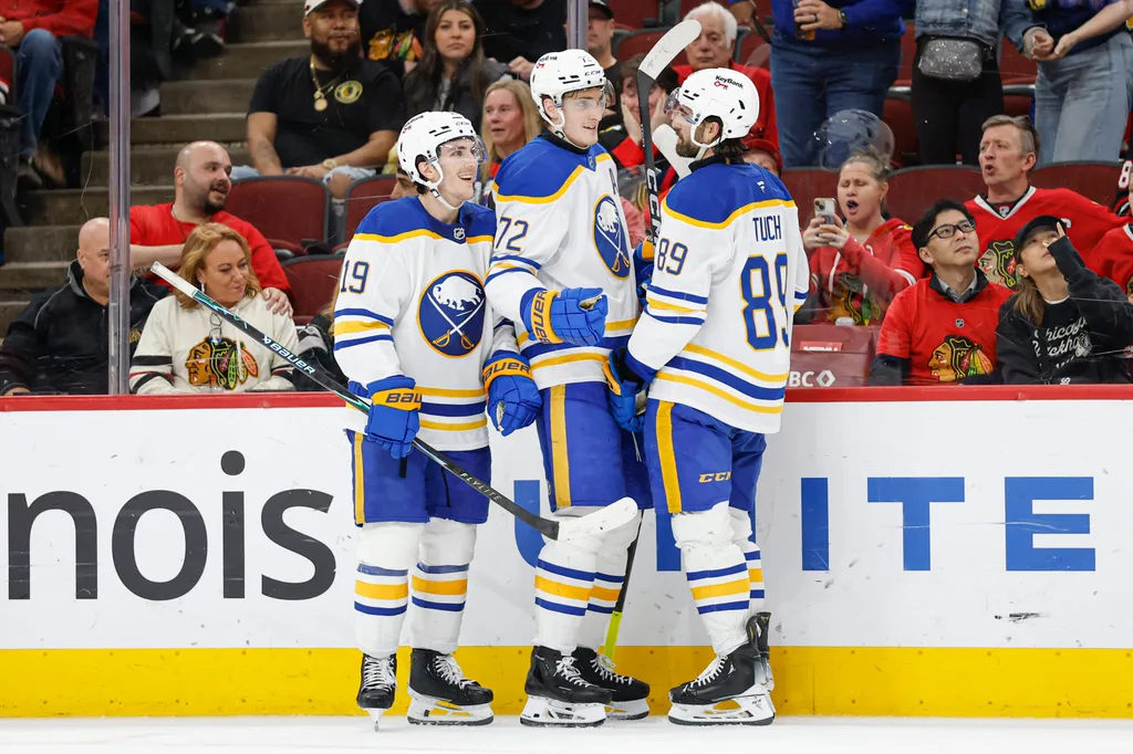 Apr 13, 2026; Chicago, Illinois, USA; Buffalo Sabres center Tage Thompson (72) celebrates with teammates after scoring against the Chicago Blackhawks during the second period at United Center. Mandatory Credit: Kamil Krzaczynski-Imagn Images