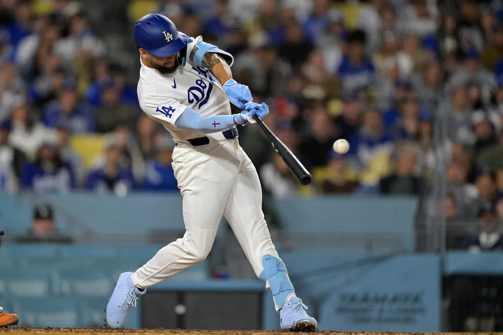 Apr 13, 2026; Los Angeles, California, USA; Los Angeles Dodgers center fielder Andy Pages (44) hits a three run home run against the New York Mets during the third inning at Dodger Stadium. Mandatory Credit: Jayne Kamin-Oncea-Imagn Images