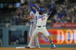 Apr 13, 2026; Los Angeles, California, USA;  Los Angeles Dodgers right fielder Teoscar Hernández (37) on base after a double in the fifth inning against the New York Mets at Dodger Stadium. Mandatory Credit: Jayne Kamin-Oncea-Imagn Images