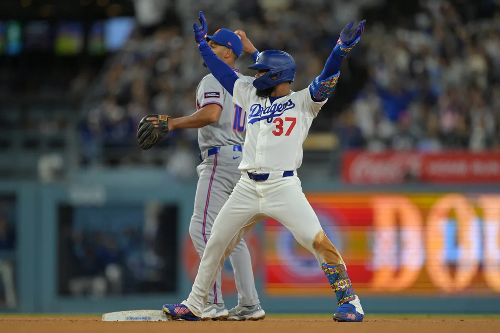 Apr 13, 2026; Los Angeles, California, USA; Los Angeles Dodgers right fielder Teoscar Hernández (37) on base after a double in the fifth inning against the New York Mets at Dodger Stadium. Mandatory Credit: Jayne Kamin-Oncea-Imagn Images