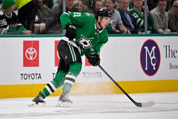 Apr 9, 2026; Dallas, Texas, USA; Dallas Stars left wing Jason Robertson (21) skates against the Minnesota Wild during the game between the Stars and the Wild at American Airlines Center. Mandatory Credit: Jerome Miron-Imagn Images