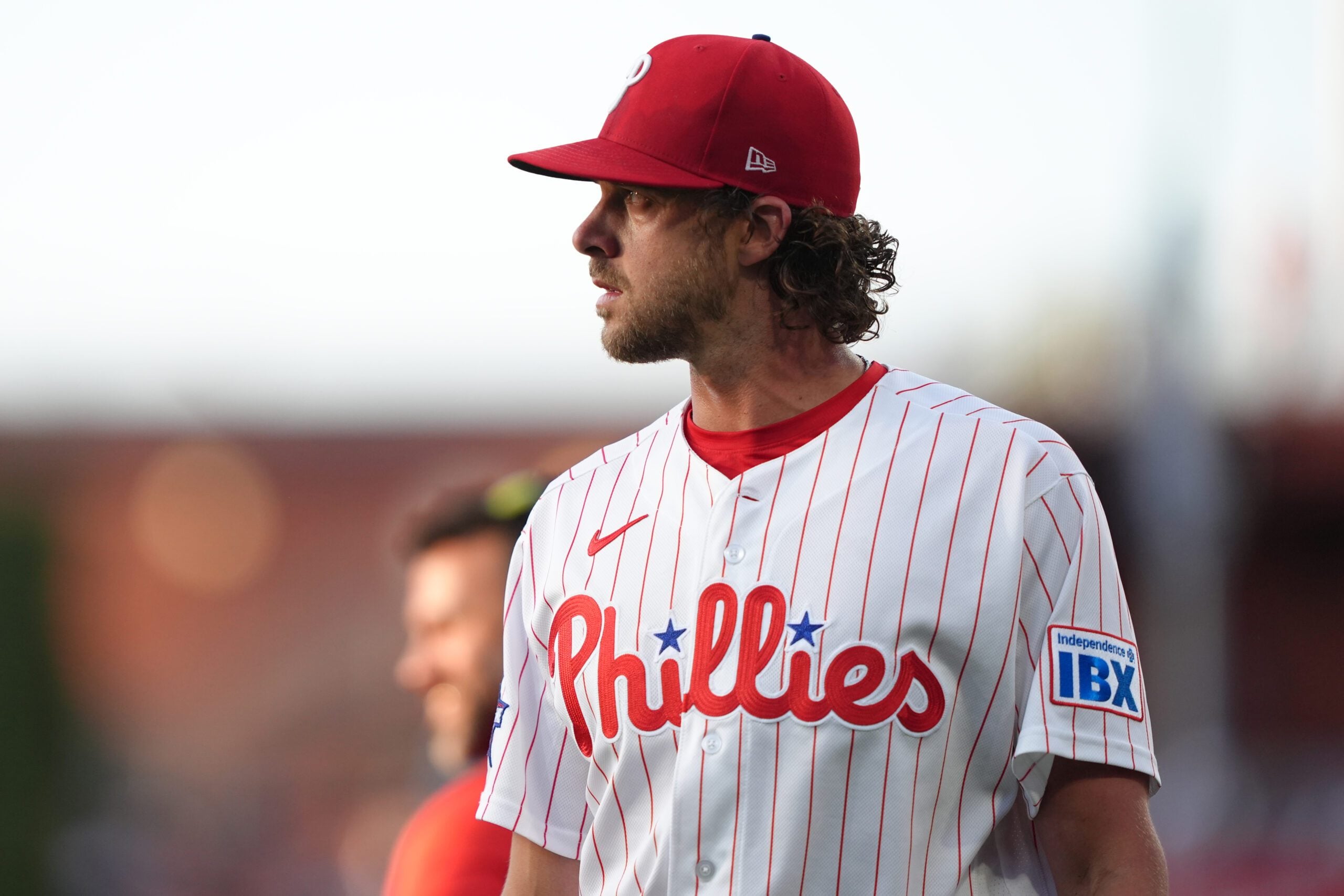Apr 14, 2026; Philadelphia, Pennsylvania, USA; Philadelphia Phillies starting pitcher Aaron Nola (27) enters the field before the game against the Chicago Cubs  at Citizens Bank Park. Mandatory Credit: Kyle Ross-Imagn Images