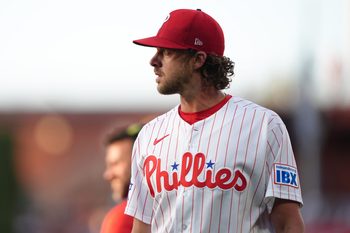 Apr 14, 2026; Philadelphia, Pennsylvania, USA; Philadelphia Phillies starting pitcher Aaron Nola (27) enters the field before the game against the Chicago Cubs  at Citizens Bank Park. Mandatory Credit: Kyle Ross-Imagn Images