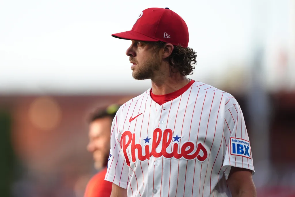 Apr 14, 2026; Philadelphia, Pennsylvania, USA; Philadelphia Phillies starting pitcher Aaron Nola (27) enters the field before the game against the Chicago Cubs at Citizens Bank Park. Mandatory Credit: Kyle Ross-Imagn Images