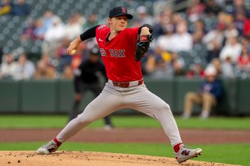 Apr 14, 2026; Minneapolis, Minnesota, USA; Boston Red Sox starting pitcher Sonny Gray (54) delivers a pitch against the Minnesota Twins in the first inning at Target Field. Mandatory Credit: Jesse Johnson-Imagn Images