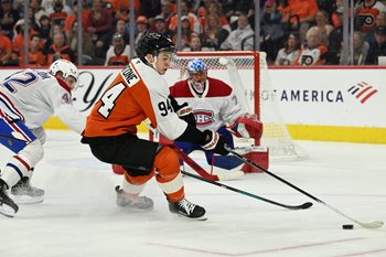 Apr 14, 2026; Philadelphia, Pennsylvania, USA; Philadelphia Flyers right wing Porter Martone (94) controls the puck against the Montréal Canadiens during the second period at Xfinity Mobile Arena. Mandatory Credit: Eric Hartline-Imagn Images