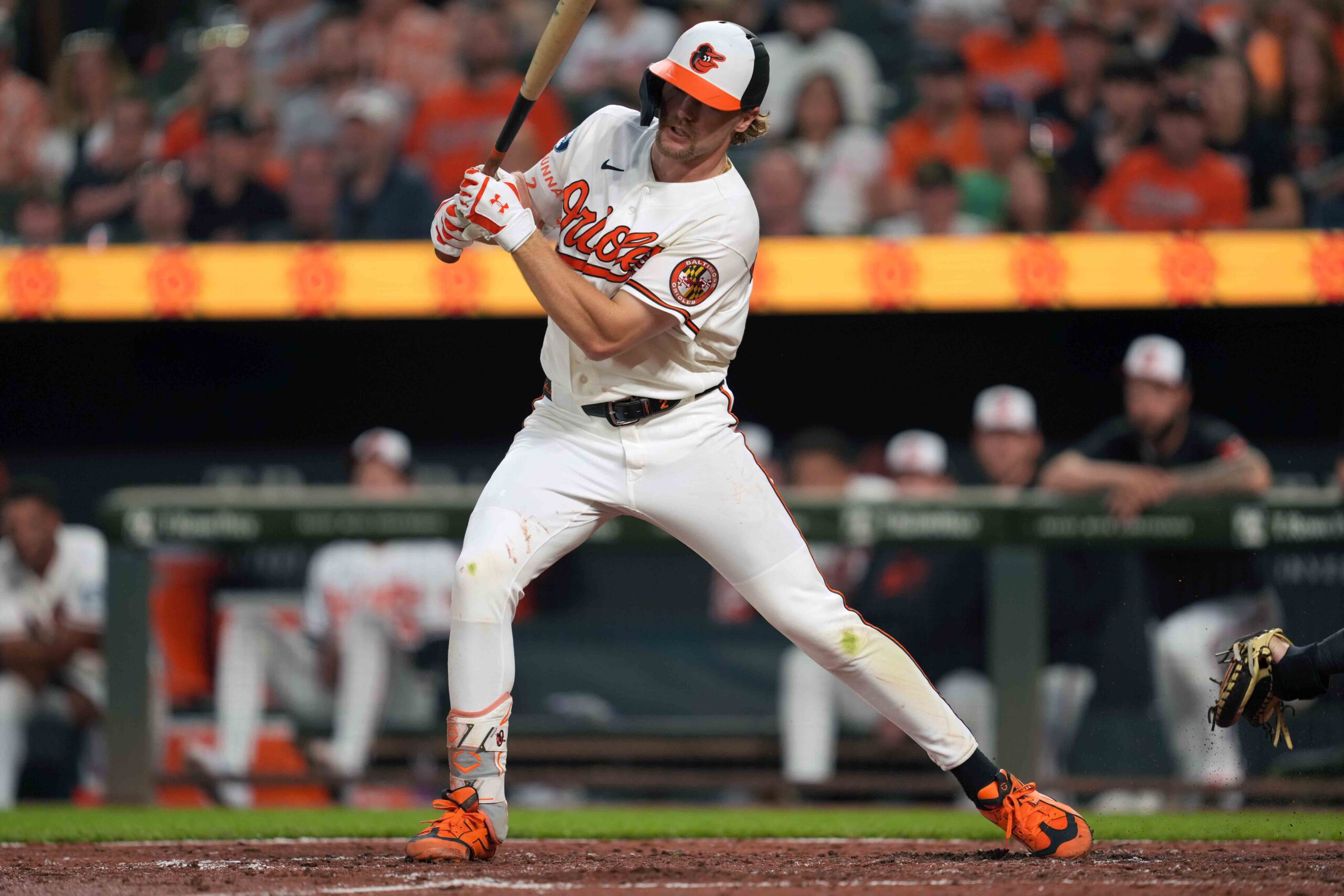 Apr 14, 2026; Baltimore, Maryland, USA; Baltimore Orioles  shortstop Gunnar Henderson (2) strikes out to end the fourth inning against the Arizona Diamondbacks at Oriole Park at Camden Yards. Mandatory Credit: Mitch Stringer-Imagn Images