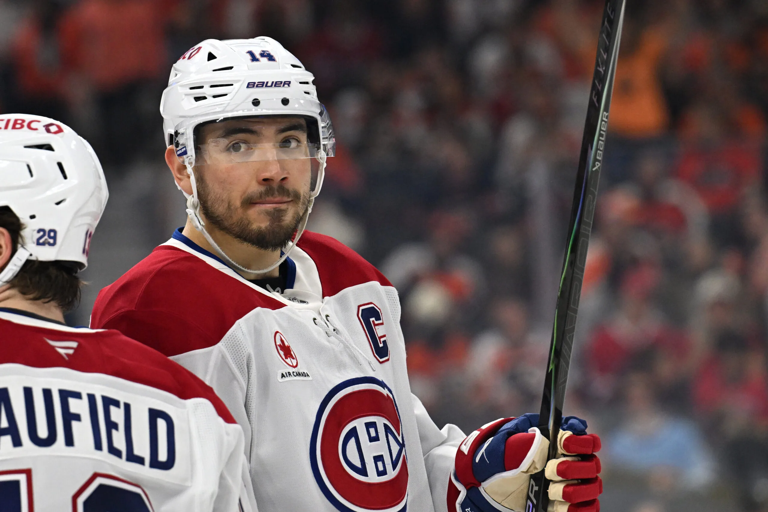 Apr 14, 2026; Philadelphia, Pennsylvania, USA; Montréal Canadiens center Nick Suzuki (14) against the Philadelphia Flyers during the third period at Xfinity Mobile Arena. Mandatory Credit: Eric Hartline-Imagn Images