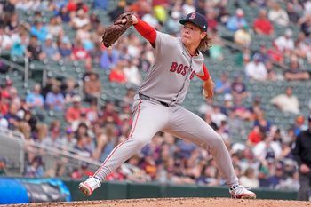 Apr 15, 2026; Minneapolis, Minnesota, USA; Boston Red Sox starting pitcher Connelly Early throws to the Minnesota Twins in the second inning at Target Field. Mandatory Credit: Bruce Kluckhohn-Imagn Images