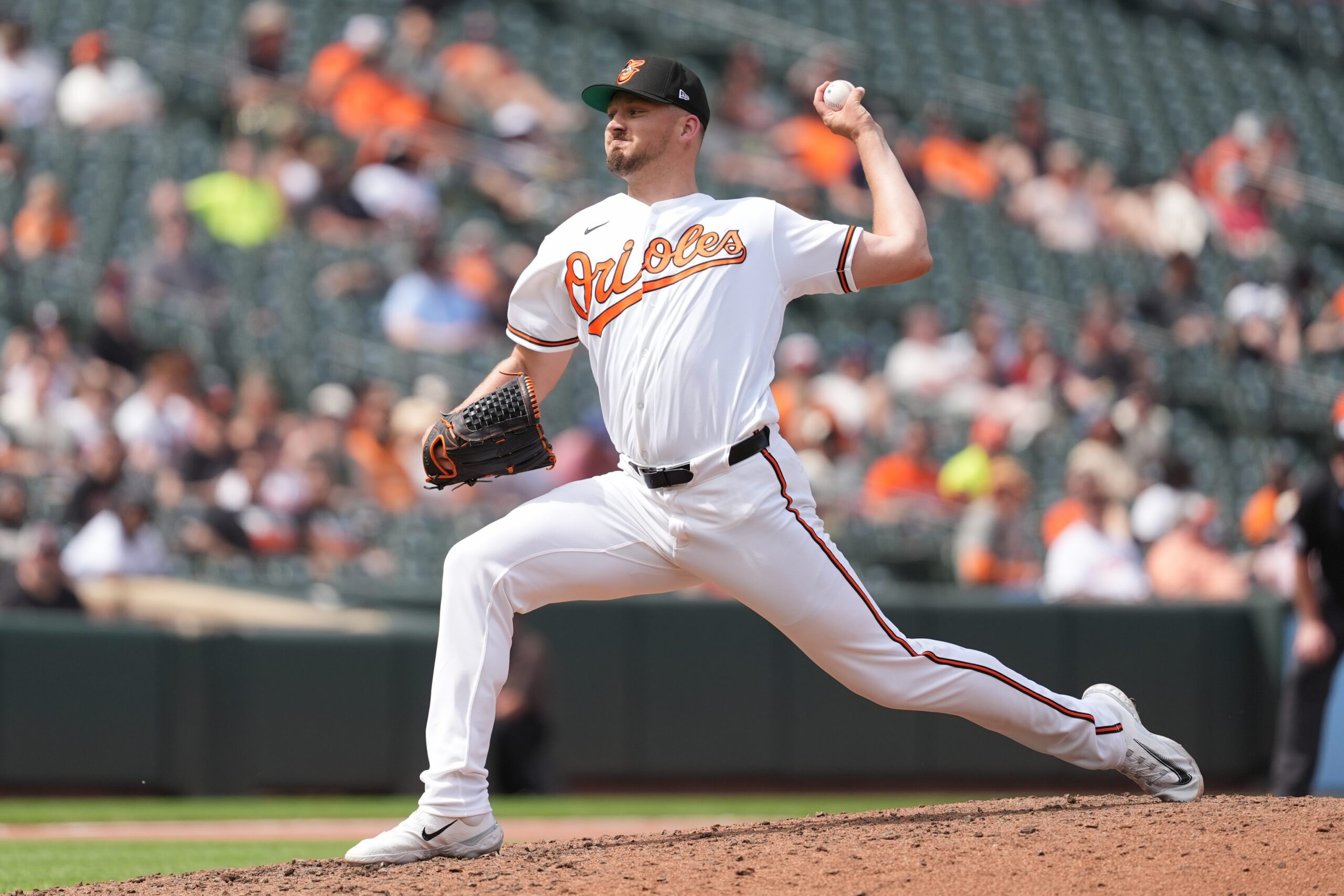 Apr 15, 2026; Baltimore, Maryland, USA; Baltimore Orioles pitcher Grant Wolfram delivers a pitch against the Arizona Diamondbacks during the seventh inning at Oriole Park at Camden Yards. Mandatory Credit: Gregory Fisher-Imagn Images
