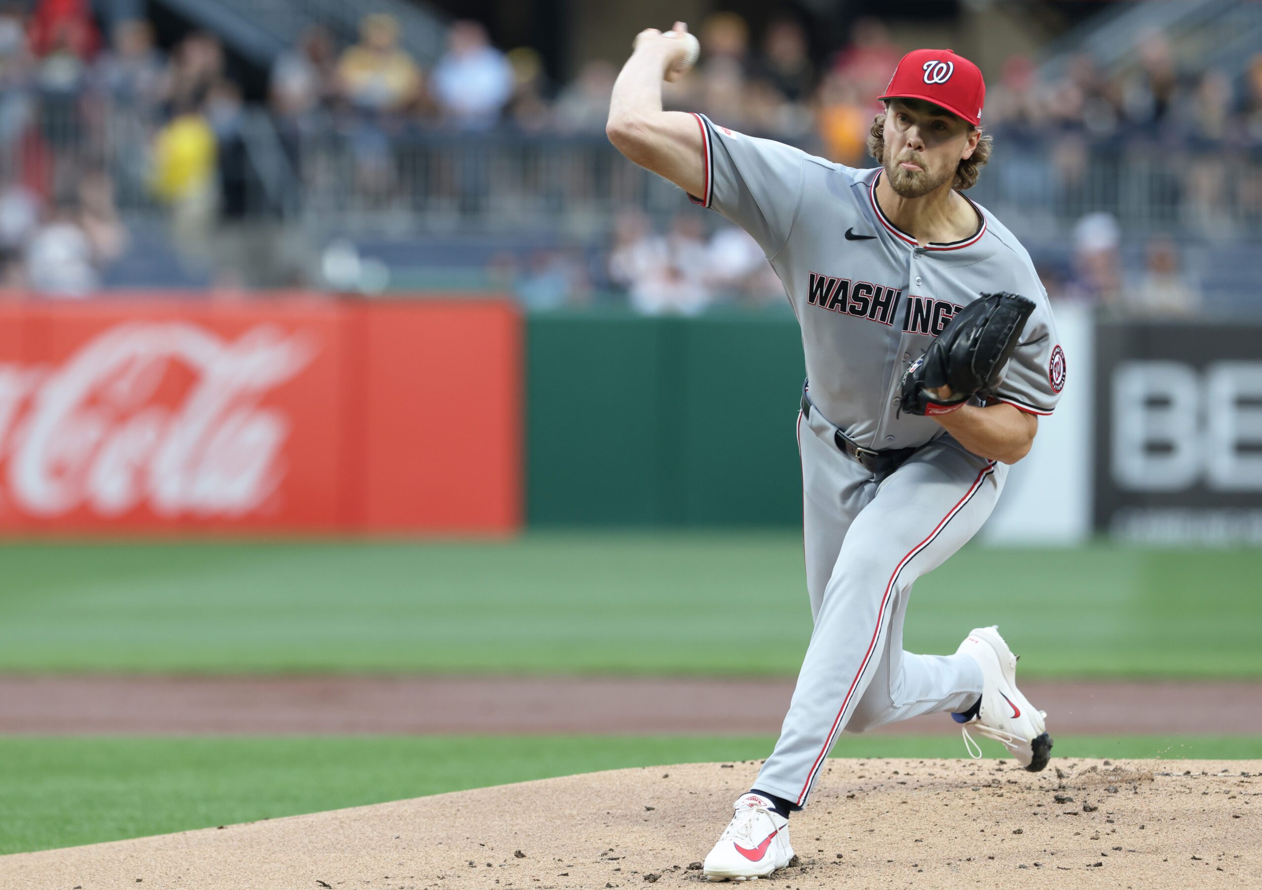 Apr 15, 2026; Pittsburgh, Pennsylvania, USA;  Washington Nationals starting pitcher Jake Irvin (27) delivers pitch against the Pittsburgh Pirates during the first inning at PNC Park. Mandatory Credit: Charles LeClaire-Imagn Images