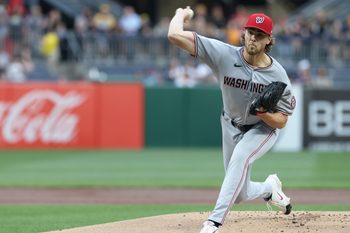 Apr 15, 2026; Pittsburgh, Pennsylvania, USA;  Washington Nationals starting pitcher Jake Irvin (27) delivers pitch against the Pittsburgh Pirates during the first inning at PNC Park. Mandatory Credit: Charles LeClaire-Imagn Images